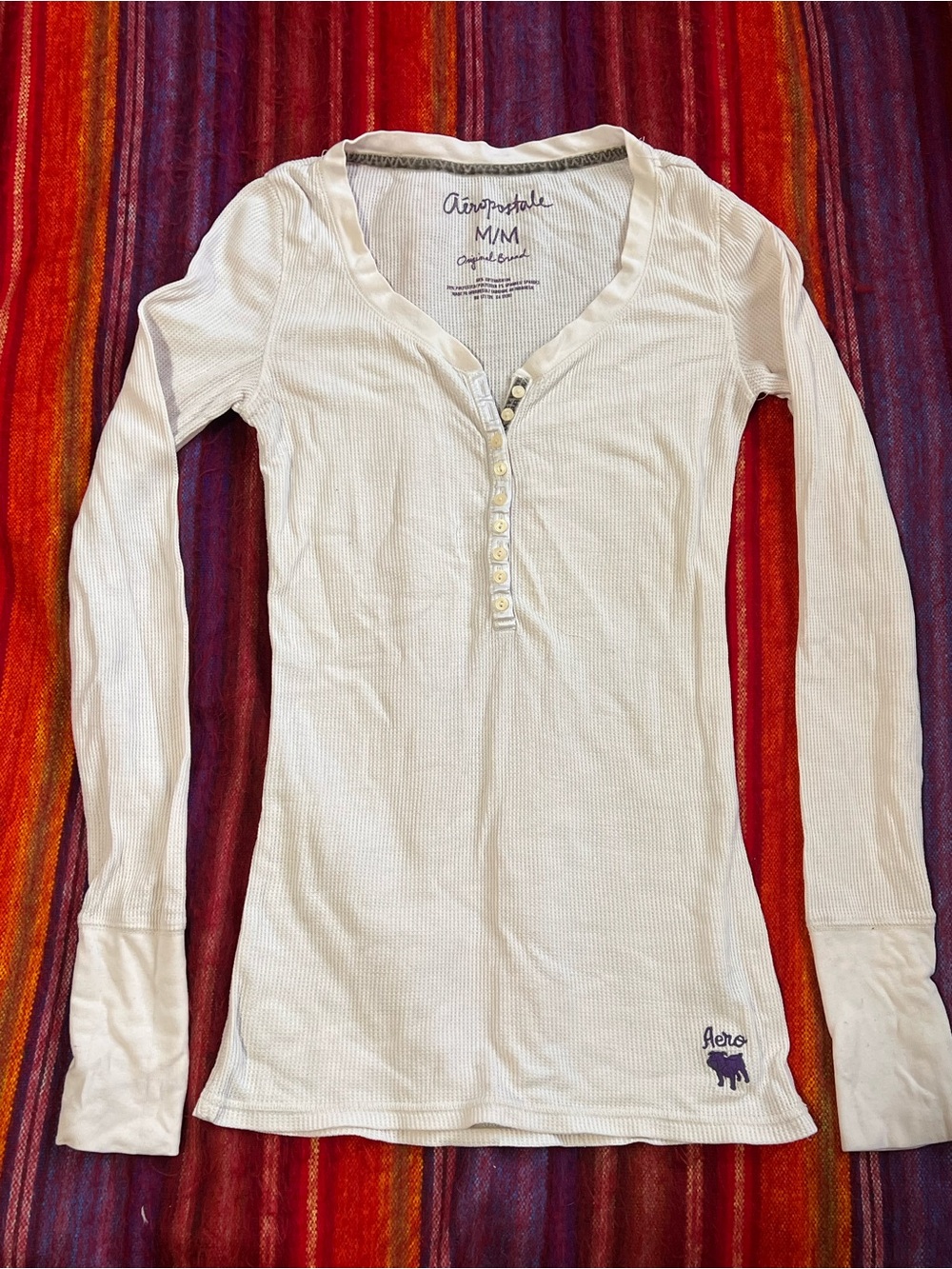 Y2K 90s vintage Aeropostale White Waffle Knit Henley Tee